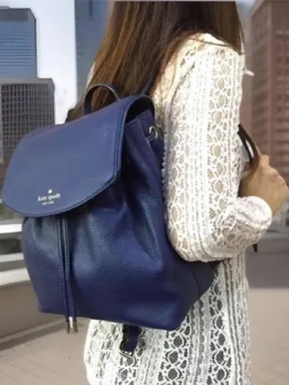 Kate Spade Navy Blue Cow Leather Adjustable Drawstring Backpack